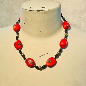 Coral 🪸 Red and Black Beaded Necklace
